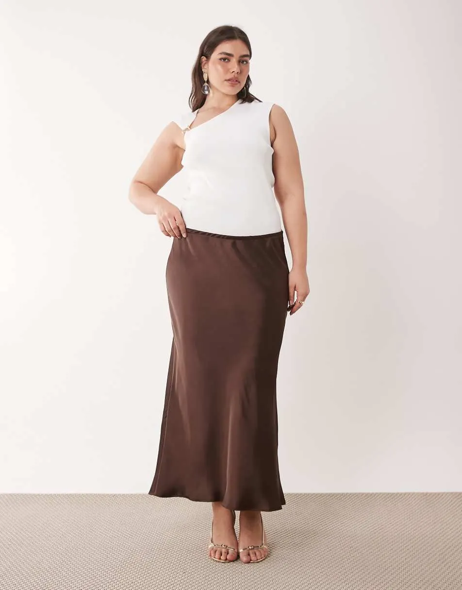 New Look Curve satin bias midi skirt in brown