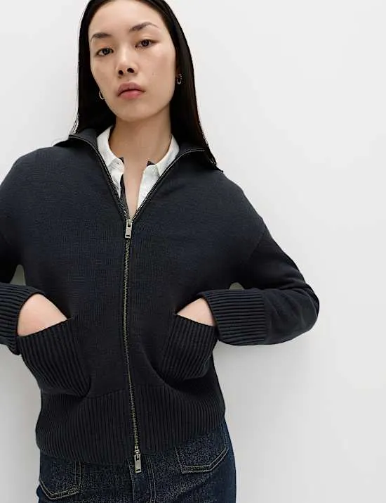 Cotton Rich Pocket Detail Collared Knitted Jacket