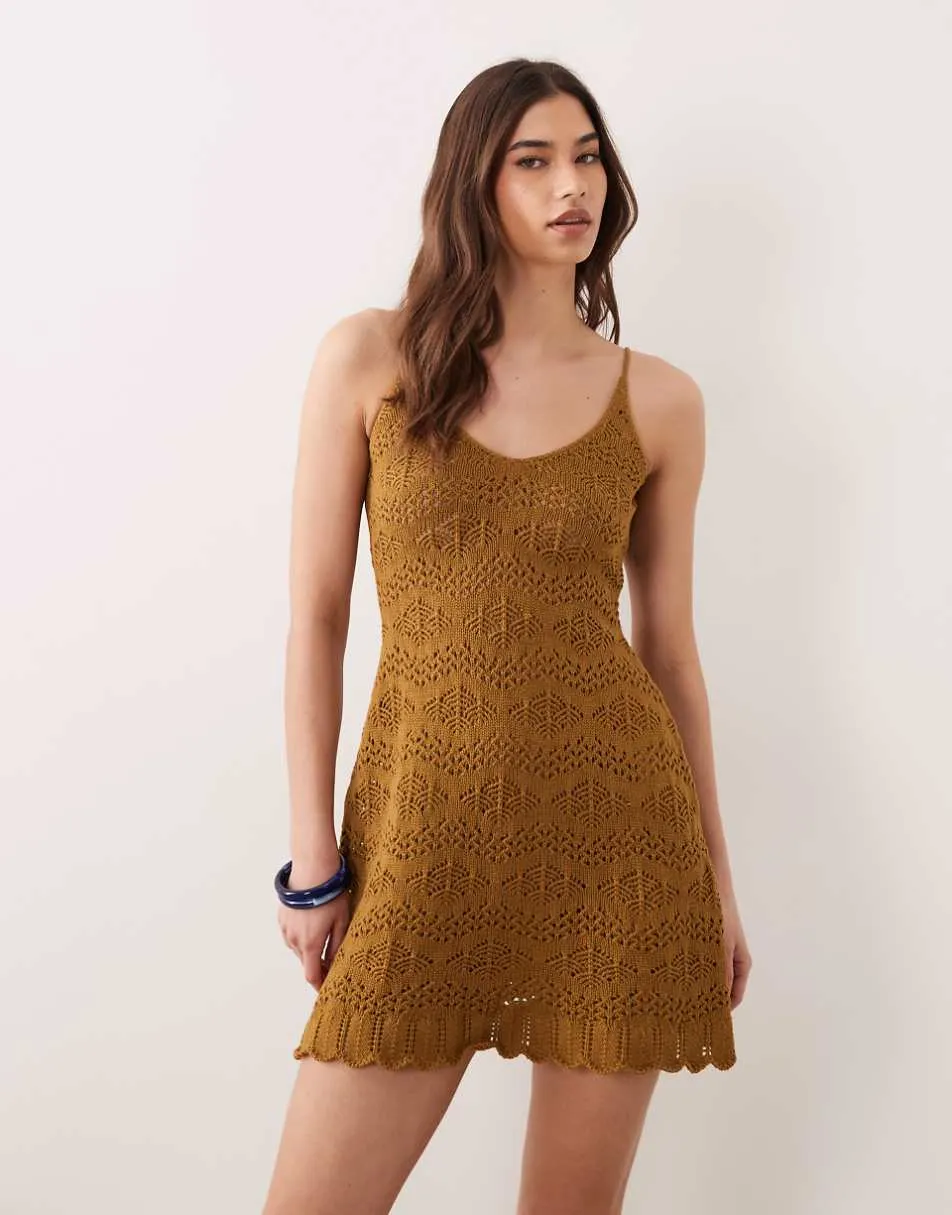Miss Selfridge strappy crochet mini dress in olive