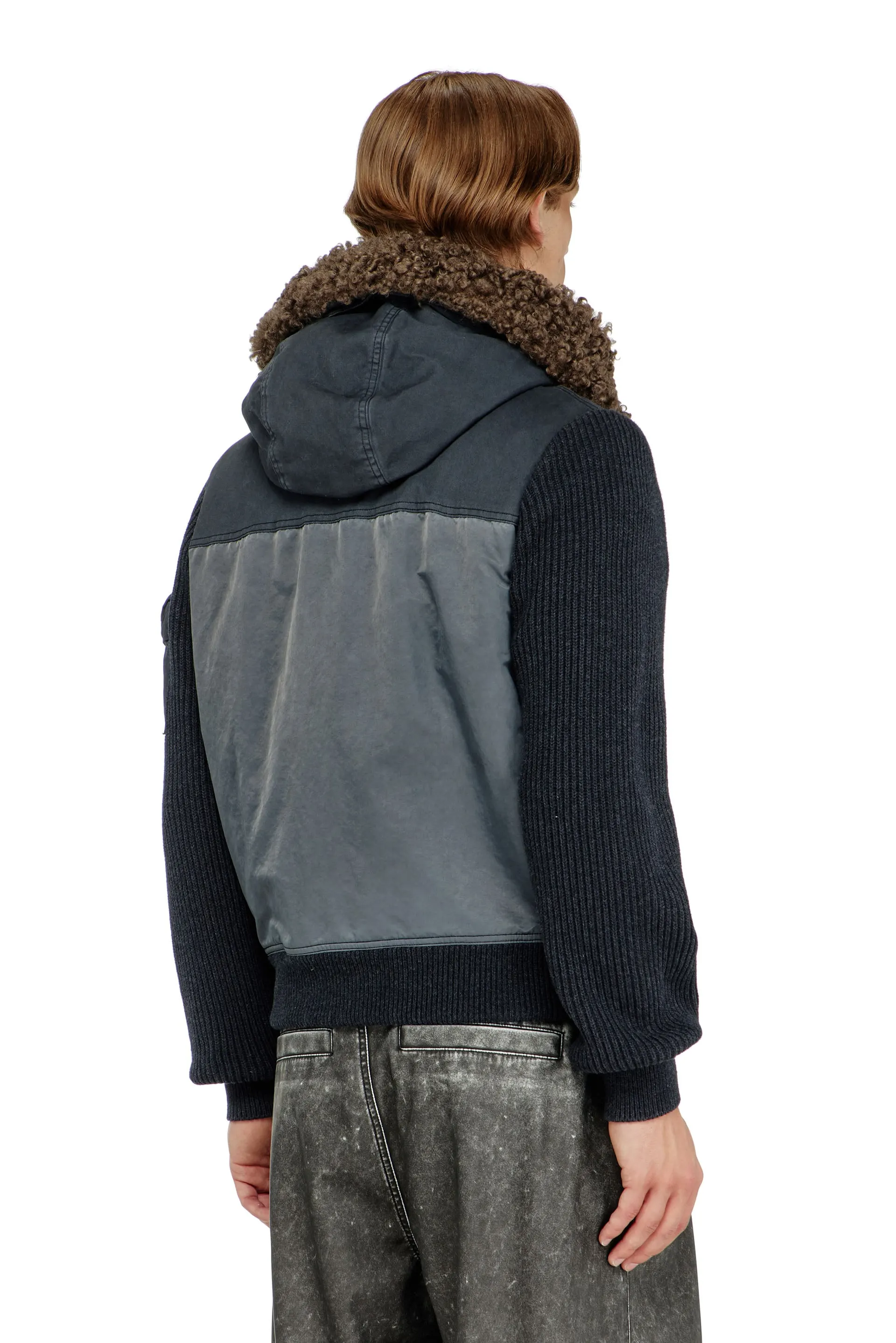 Hooded padded jacket with knitted sleeves