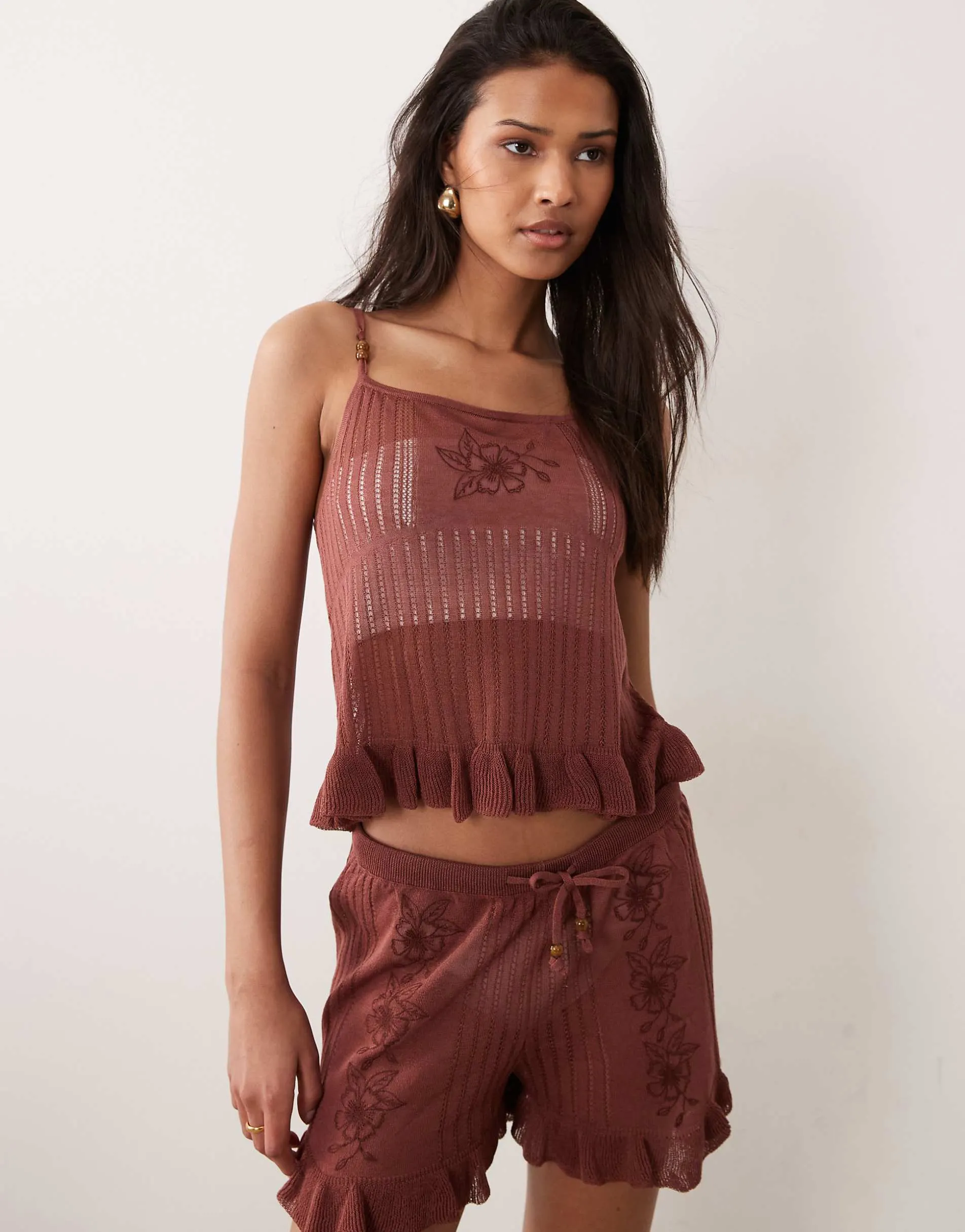 Miss Selfridge embroidered sheer knit cami top in chocolate