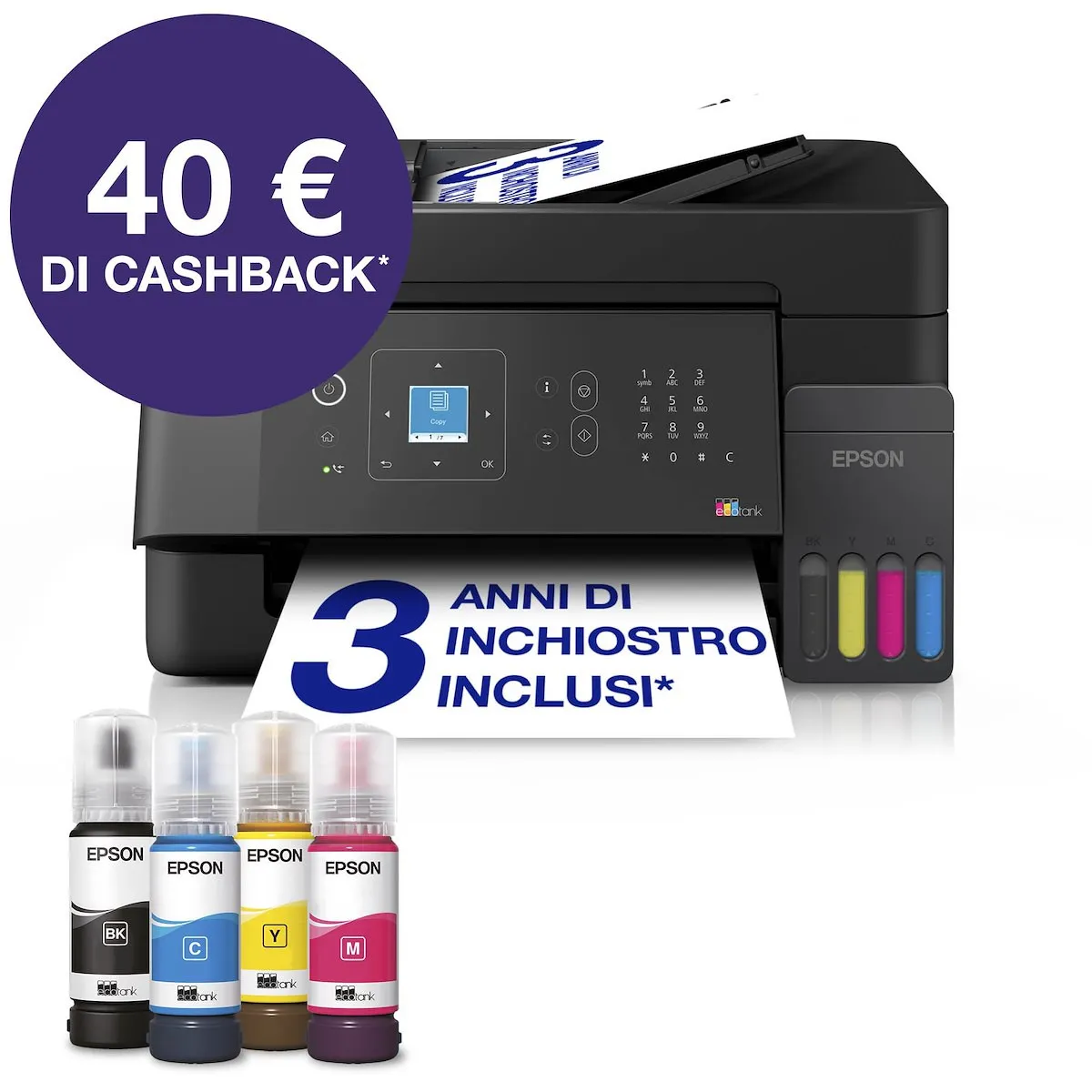 EPSON - EcoTank ET - 4905 stampante multifunzione A4 Wi - Fi con serbatoi di inchiostro, fino a 3 anni di inchiostro inclusi, 40 € di cashback1