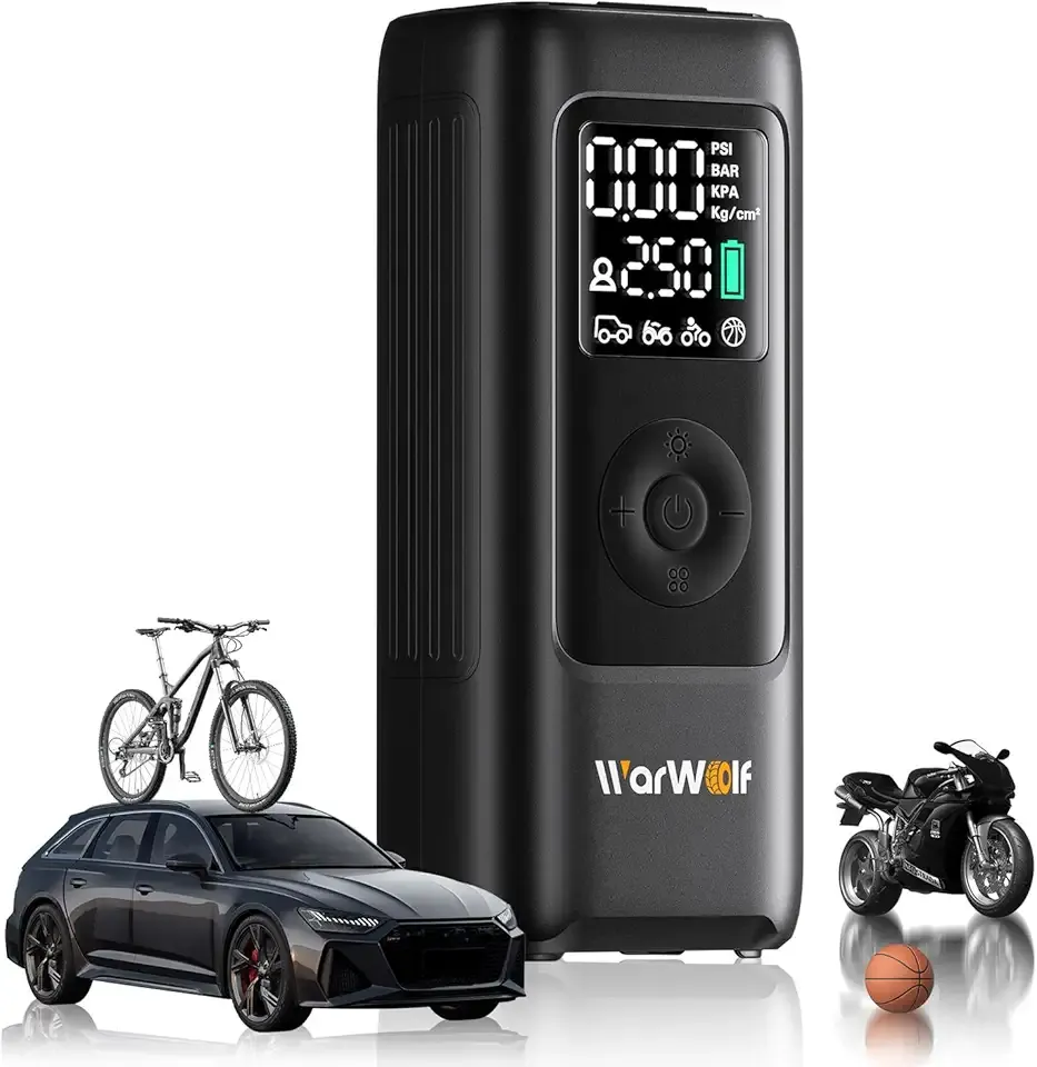WARWOLF 160PSI Tire Inflator Portable Air Compressor - Bike Air Pump for Car Tires: SUV, Light Truck, Motorcycle, Bike, with Auto Shut-Off, Digital Gauge, 12V Car Adapter, LED Light