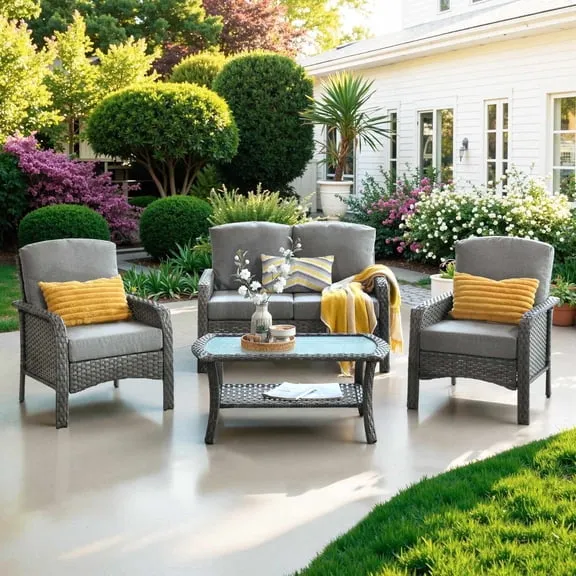 Ovios 4 Pieces Wicker Outdoor Patio Furniture with Coffee Table High Back All Weather Rattan Outdoor Sectional Conversation Set for Backyard Porch Garden, Dark Gray $398.99 Was $700.00