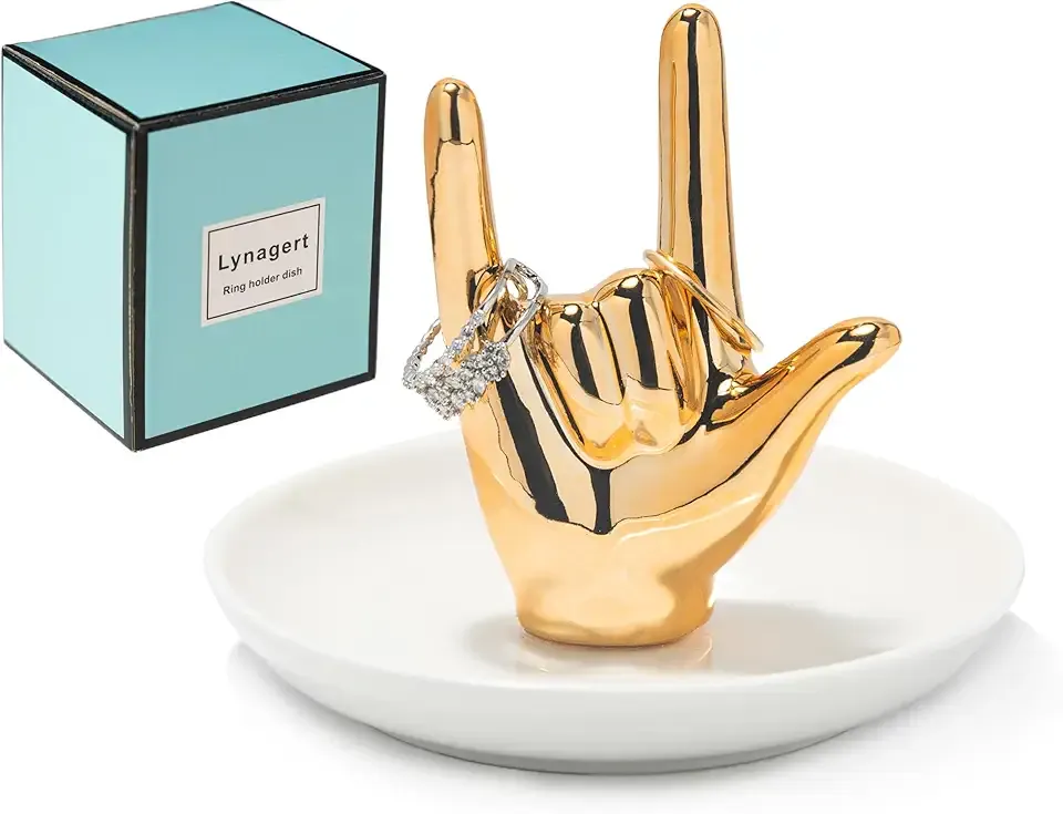 Lynagert I LOVE YOU Hand Ring Holder Dish Ceramic Jewelry Holder Dish Trinket tray for Rings Earrings Necklace Organizer, Engagement Wedding Ring Holder, Christmas Birthday Gifts (Golden)