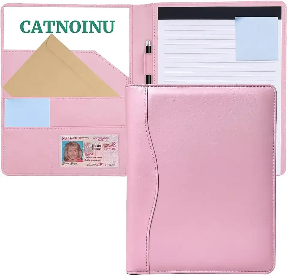 PU Leather Portfolio Folder with 30 Pages Paper Padfolio Business Organizer Document Planner Binder Storage Pocket for Legal Pad Holder Paperwork Phone Men Women (A5, Pink)
