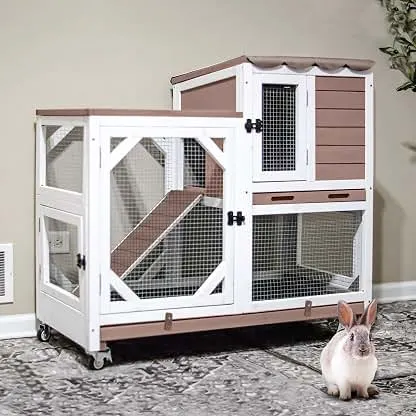 Gutinneen 2-Story Rabbit Hutch with Chew-Proof Ramp & Lea…