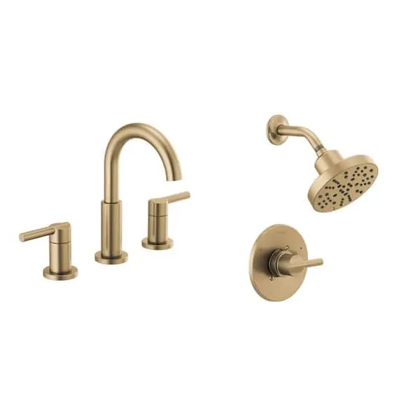 Nicoli Gold 8 in.​ Widespread Faucet and Single-​Handle 5-​Spray Shower Faucet with Valve in Champagne Bronze Combo