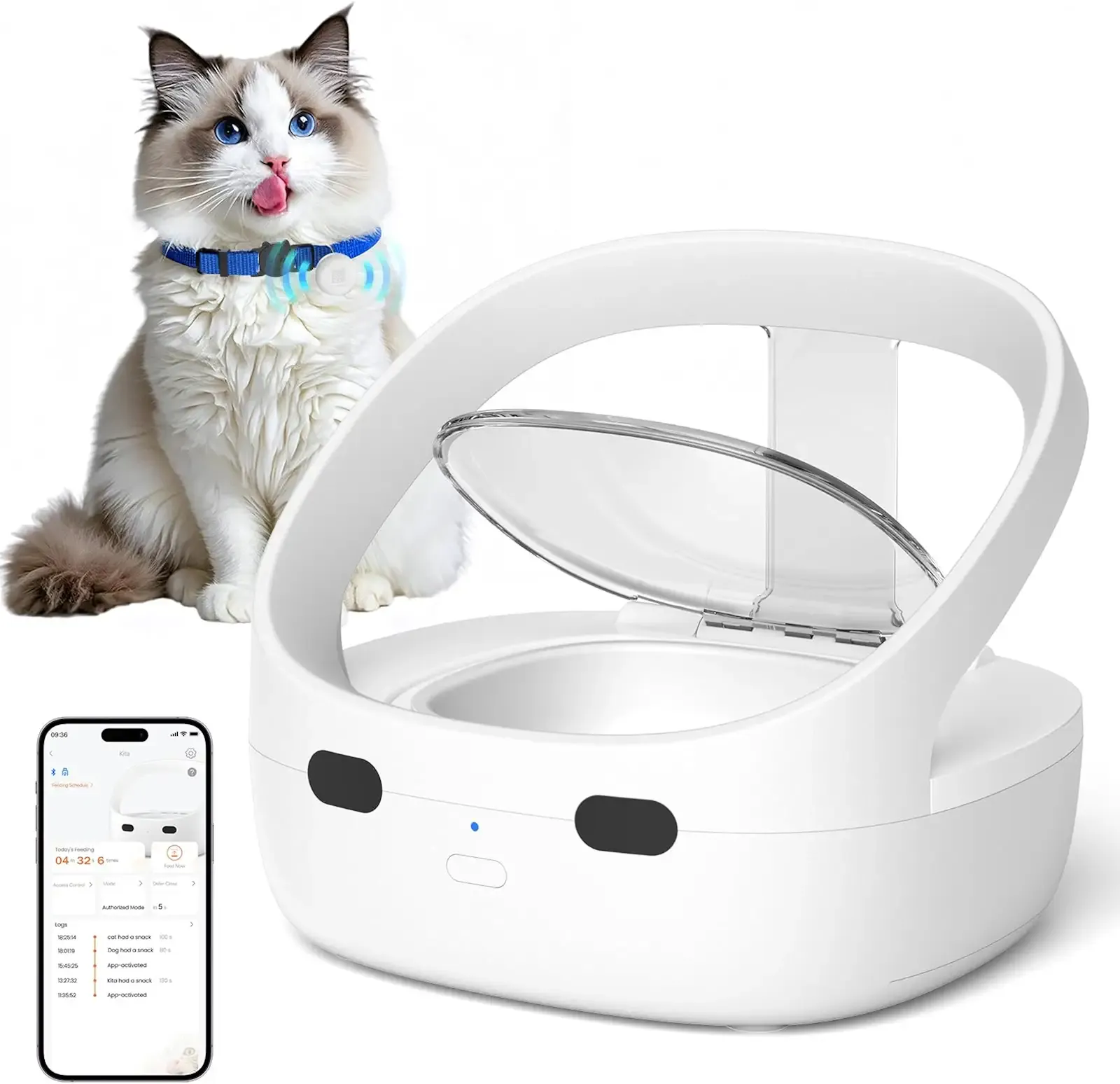 Collar-Activated RFID Cat Feeder with Ice Pack Cooling, Selective Automatic Pet Feeder for Multiple Cats, Wet & Dry Food, App Feeding Records, Anti-Pinch Safety, 120-Day Battery