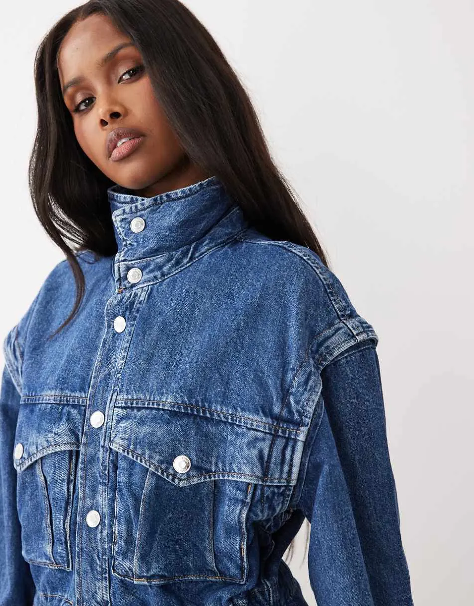 Gina Tricot funnel neck denim jacket with cinch waist in midwash blue