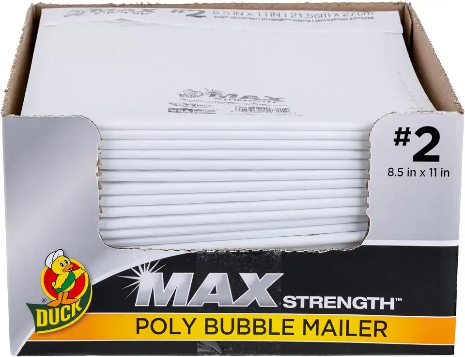 Duck Max Brand #2 Poly Bubble Mailers, White, 10.5 inch x 15 inch, 25 Pack