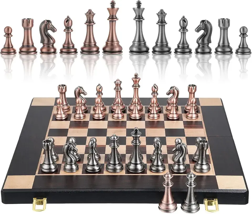 15 Inch Weighted Metal Chess Set for Adults, Folding Wooden Chess Board with Storage, 3" King, 2 Extra Queens Included, Luxury Chess Set for Home, Office, Travel & Gifts