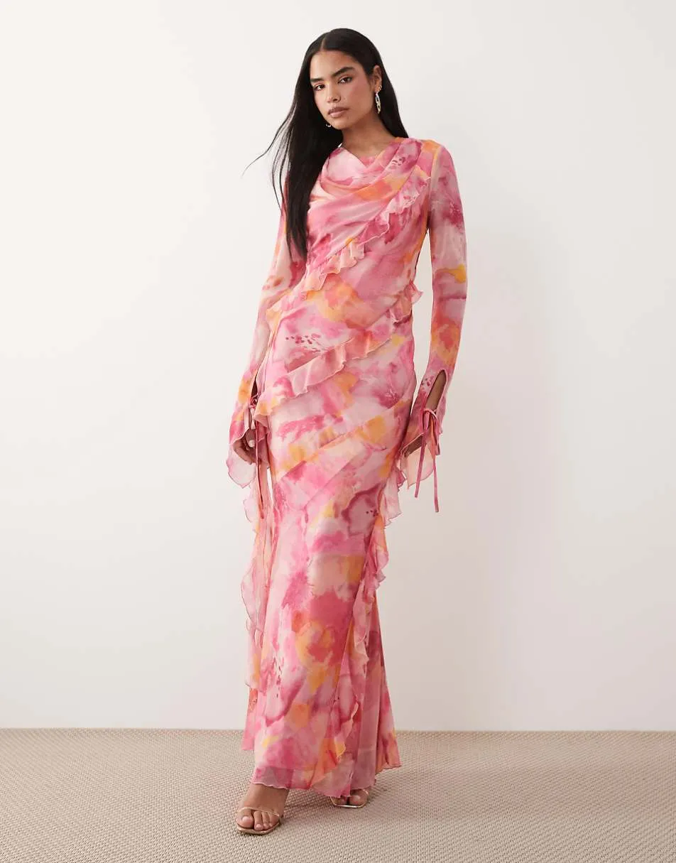 Daska chiffon ruffle maxi dress in pink abstract floral print