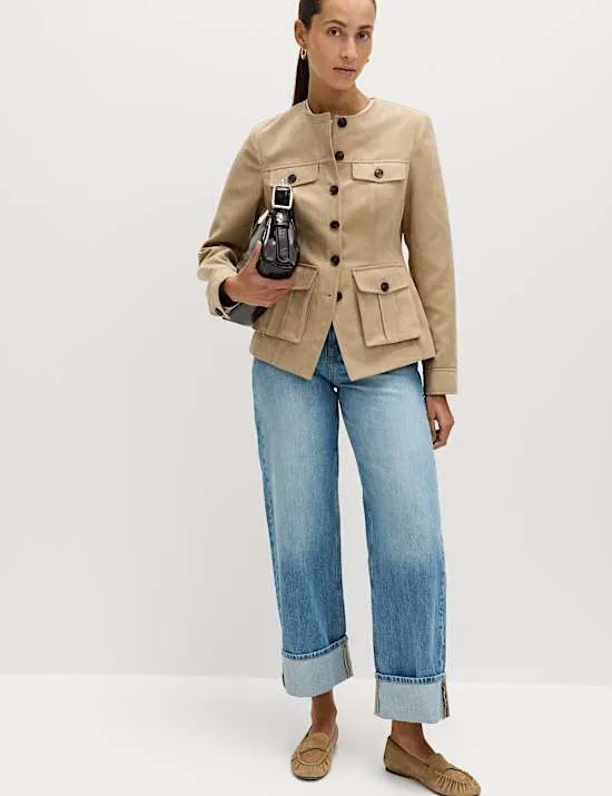 Suedette Colarless Utility Jacket