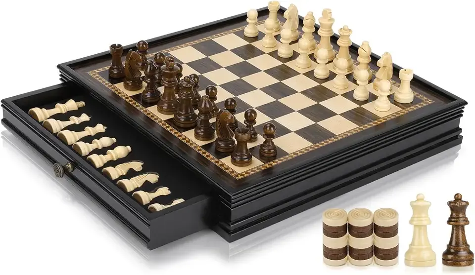 Peradix Magnetic Chess and Checkers Set with 2 Built-in Storage Drawers | Classic 2 in 1 Wooden Board Games, Magnetic Chess Pieces 2 Extra Queens, 12.8" Chess Set for Adults and Kids Gift Package