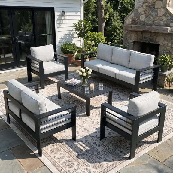 LayinSun Outdoor Aluminum Furniture Set, 5 Pieces Patio Sectional Conversation Chat Sofa Modern Seating Set with Coffee Table