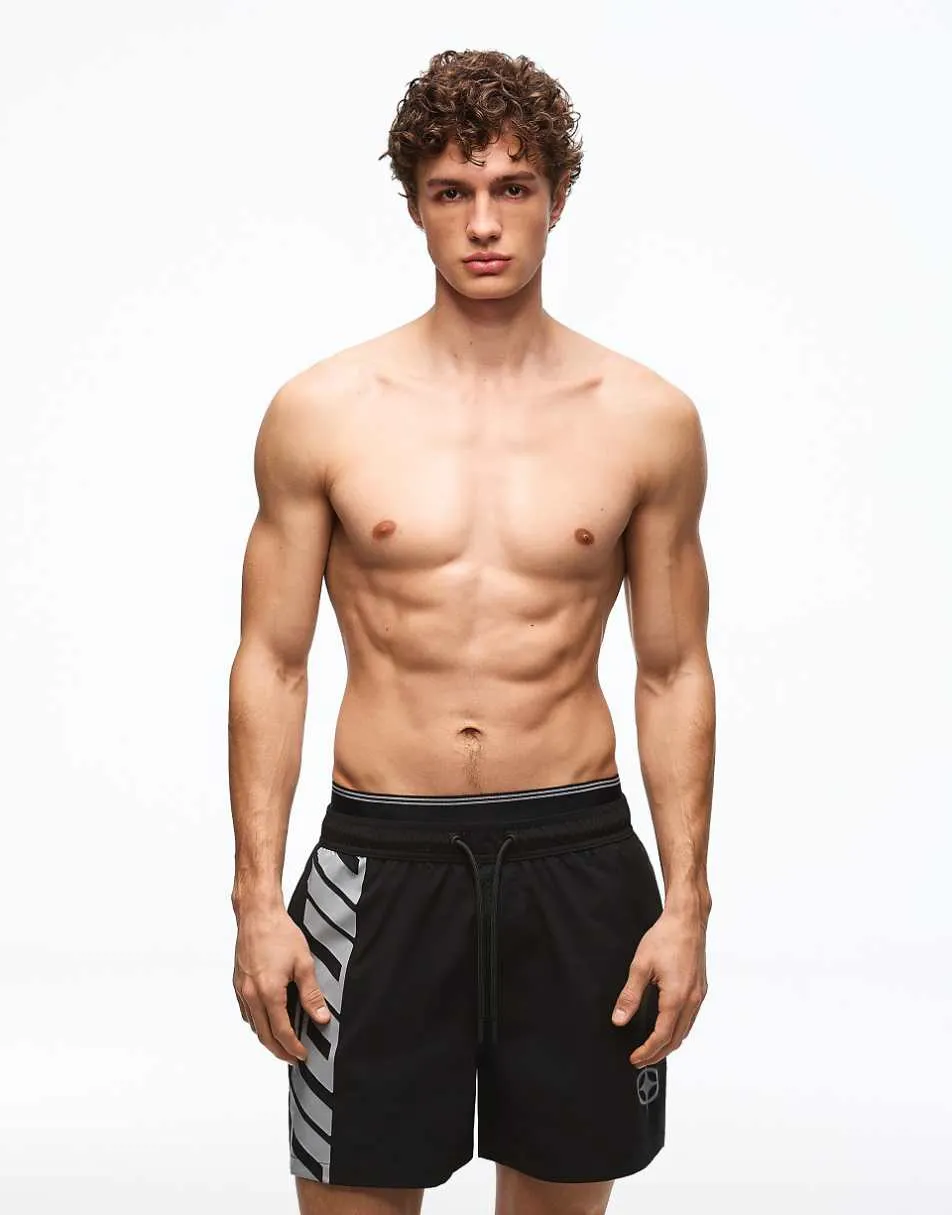 Bershka Printed boxy double waistband swimming trunks in black