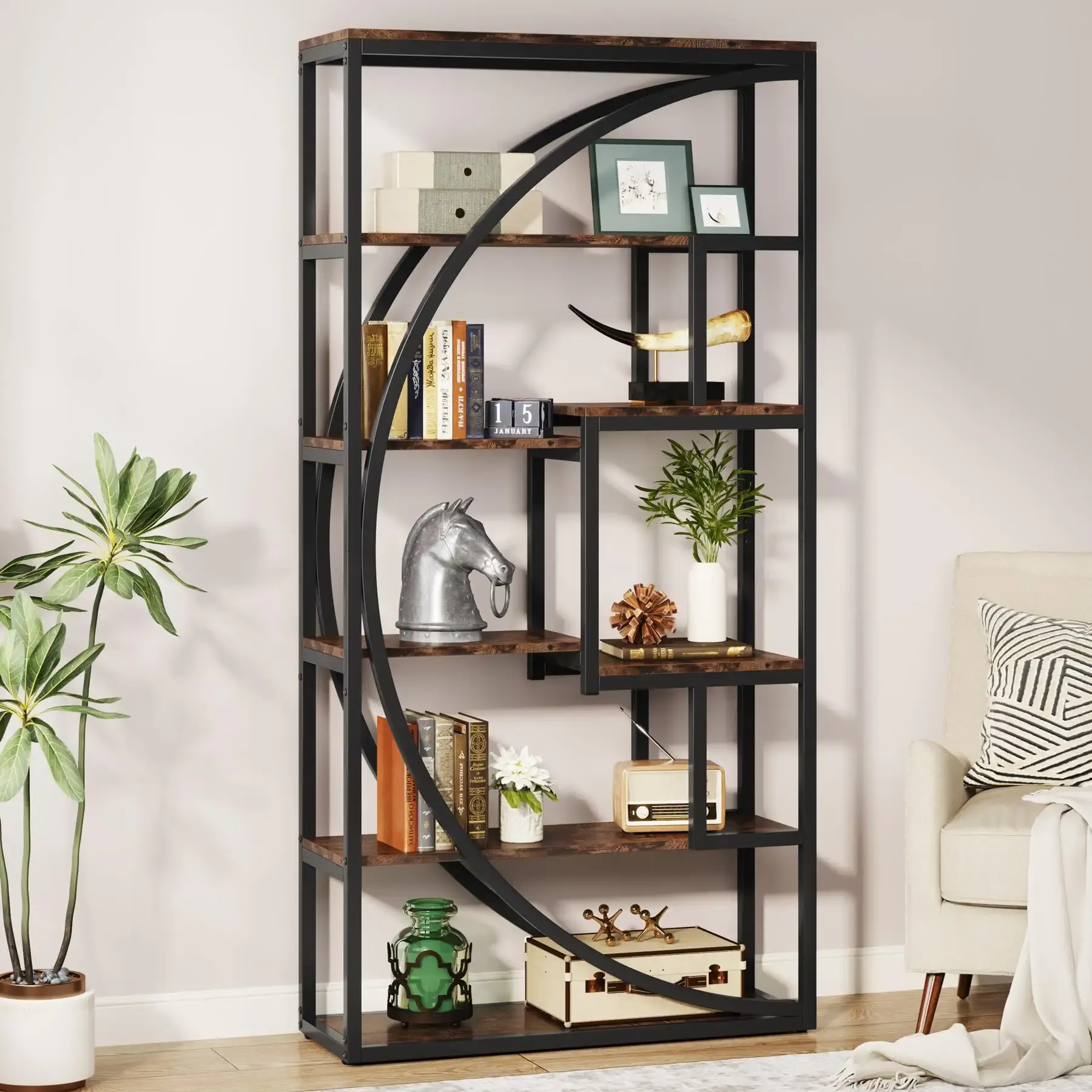 Tribesigns Bookshelf, Industrial 5-Tier Etagere Bookcase, 70.8 inch Tall Bookshelf with 8 Open Storage Shelf, Book Shelf Display Tack Shelving Unit for Home Office Living Room, Rustic Brown