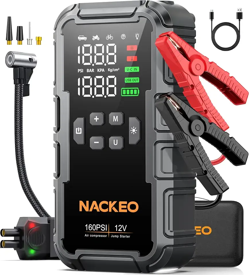 8000A Car Battery Jump Starter with Air Compressor 160PSI, Car Jumper Starter Portable (All Gas 12L Diesel), 12V Jump Box Car Battery with 600LM Light, Jumper Cables, Large LCD Display, Power Bank