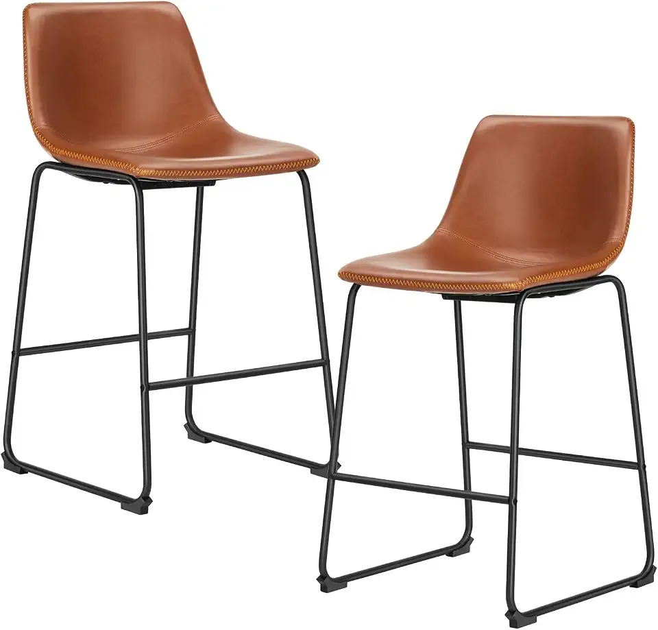 DUMOS Counter Height Bar Stools Set of 2, Faux Leather Metal Bar Chairs | Barstools with Back, Leg, Armless, Upholstered, Kitchen Island, Modern Design, 26 Inch, Brown
