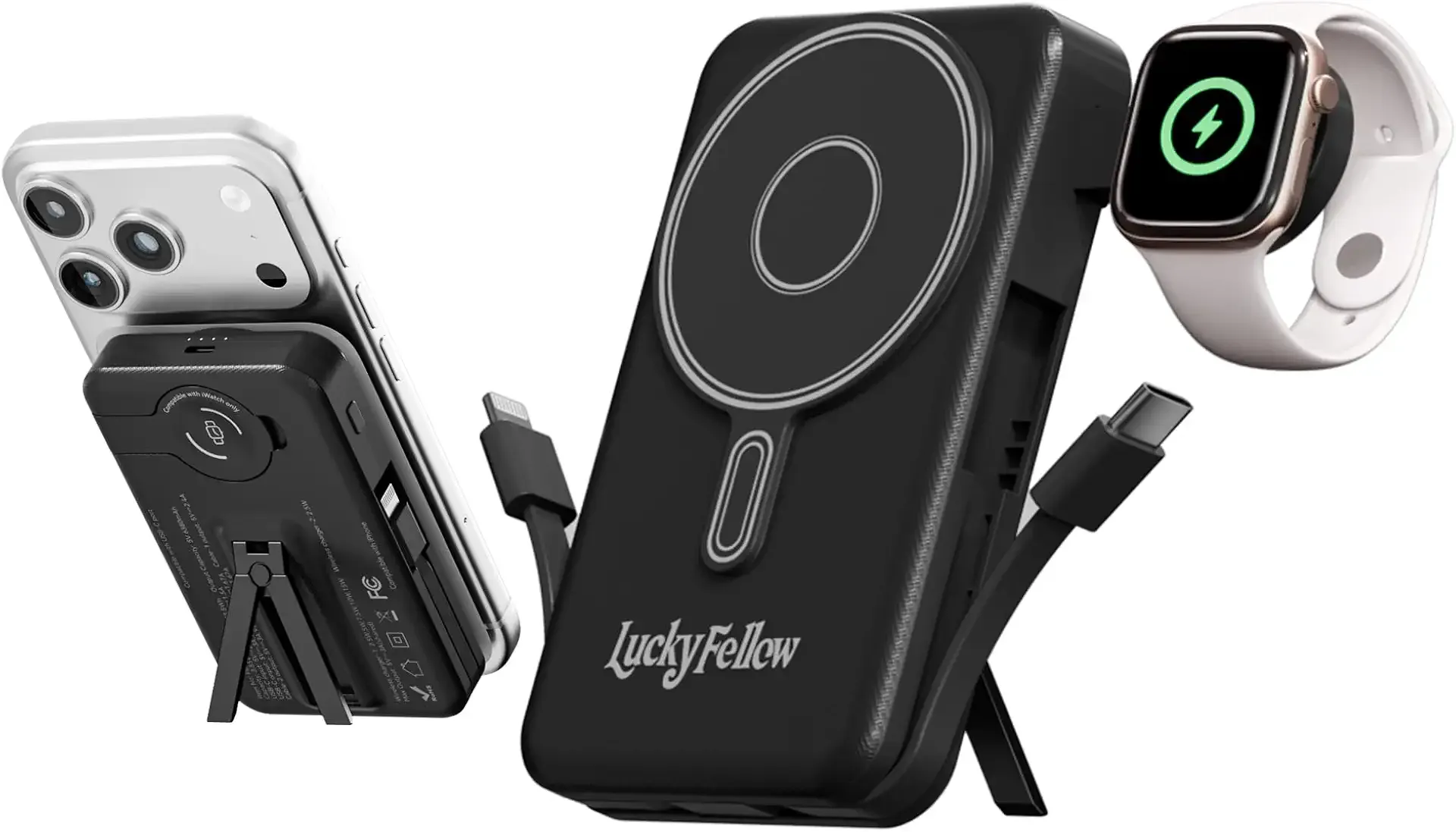 Magnetic Portable Charger Built-in Cables,10000mAh Fast Charging Wireless Charger Station External Battery Pack Slim Pocket Size Power Bank with Stand Compatible with iWatch, iPhone and Android Phones