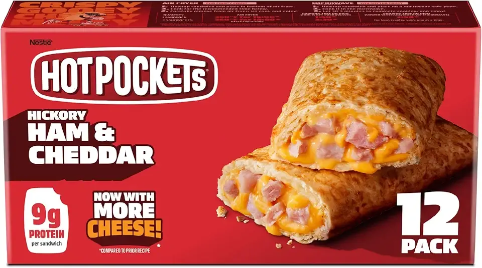 Hot Pockets Hickory Ham Cheddar Frozen Snacks in a Crispy Buttery Crust, Frozen Ham and Cheese Sandwich Made with Real Reduced Fat Cheddar Cheese, 12 Count Frozen Sandwiches