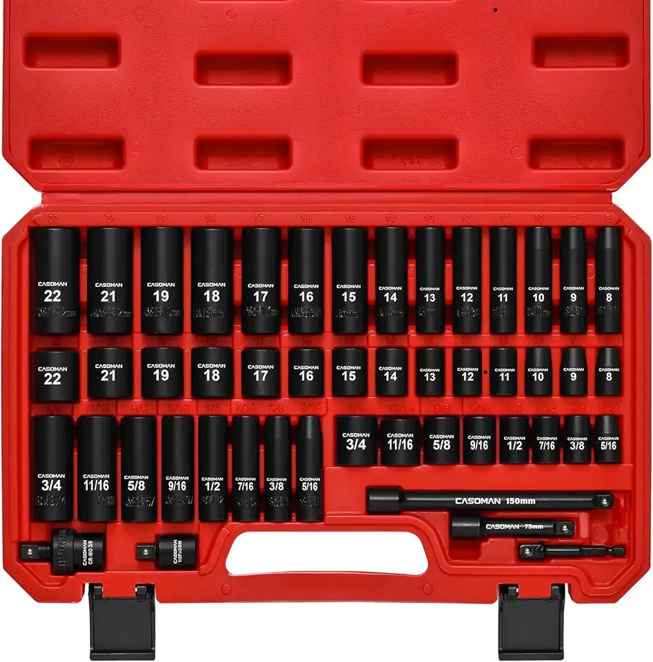 CASOMAN 3/8" Drive Impact Socket Set, 49 Piece Standard SAE and Metric Sizes (5/16-Inch to 3/4-Inch and 8-22 mm), 6 Point, Cr-V Steel Socket Set