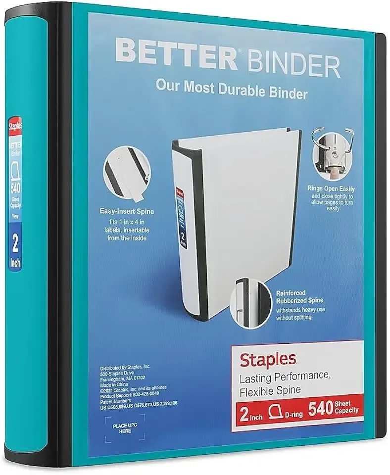STAPLES 2-Inch D-Ring Heavy Duty Binder | 3 Ring, View Vinyl Pocket, Organize School or Office Documents, Holds 540 Sheets, Teal