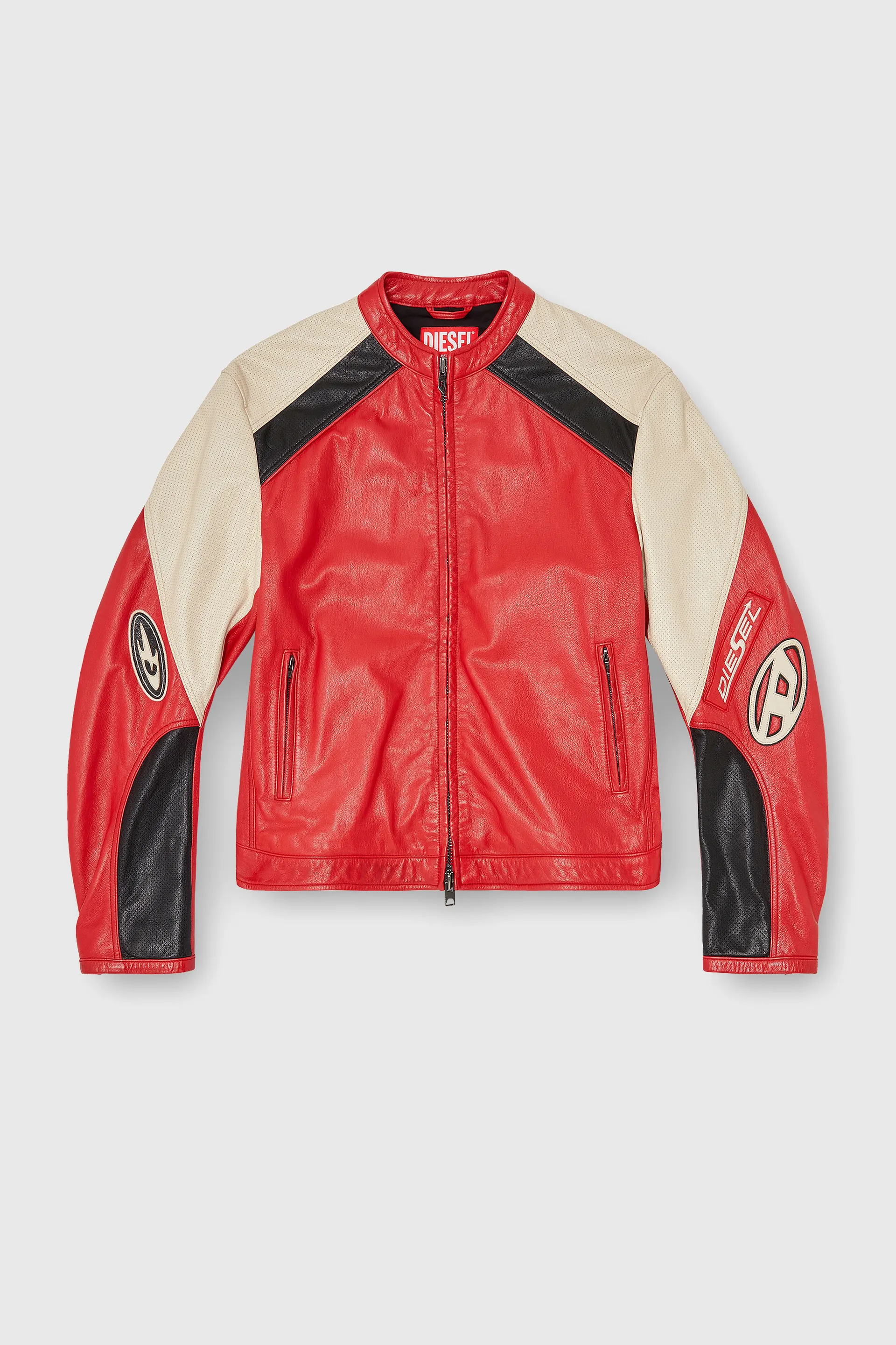 Biker jacket in colour-block perforated leather