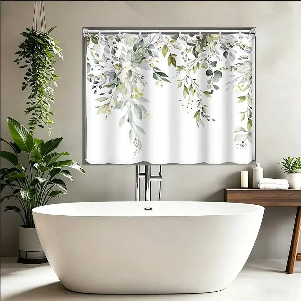 Green Eucalyptus Shower Window Curtain – Watercolor Leaves Small Short Waterproof Bathroom Window Curtain, 40x36 Inch Fabric Privacy Curtain for Bathroom, Kitchen, RV