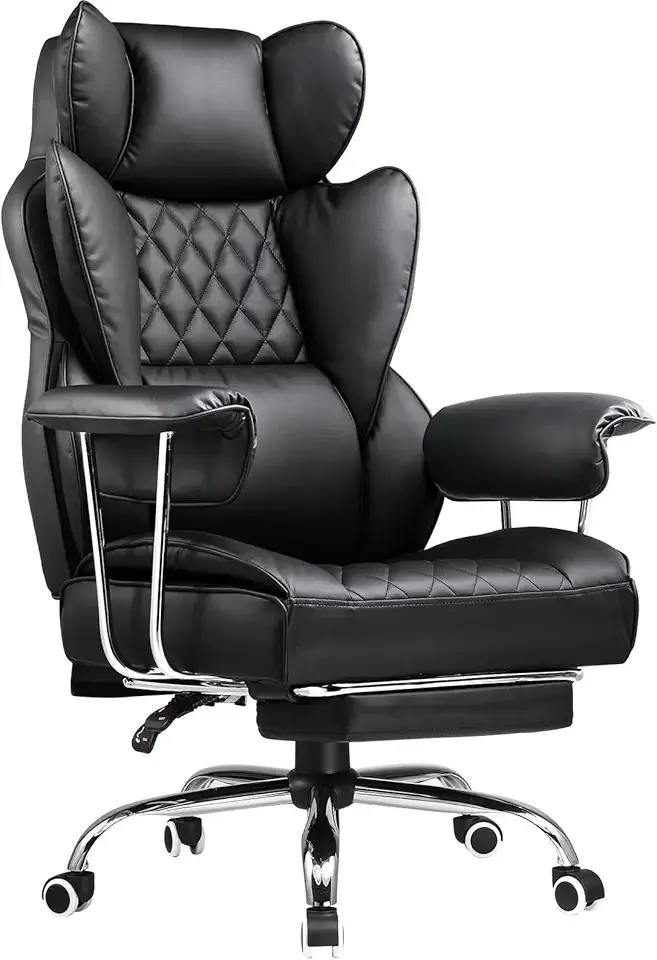 COMHOMA Big and Tall Office Chair, High Back Leather Gaming Chair with Footrest, Executive Ergonomic Office Chair with Pocket Spring Lumbar Support and with Outward Fixed Soft Armrests