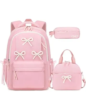 Similove 3PCS Bow Backpack for Girls with Lunch Box Pencil Case | Casual Aesthetic Bow Girls Backpack for Teens Kids Bookbag for Middle High School College Student Travel (Pink)