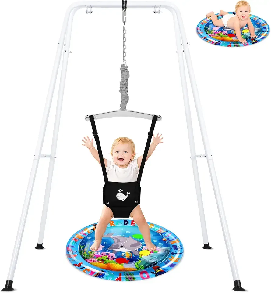 Baby Jumper with Stand, Baby Jumpers and Bouncers with Water Mat Adjustable Height for Baby Exerciser Suitable for 6-24 Months, Easy to Assemble & Store (Black)