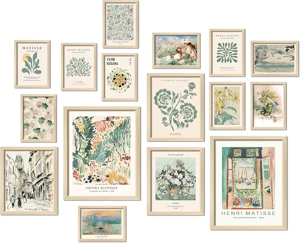 16 PCS Framed Sage Green Wall Art Decor, Matisse Wall Prints for Bedroom, Gallery Wall Frame Set, Abstract Posters for Living Room Aesthetic, Collage Kit Pictures, Boho Dorm Home Decor