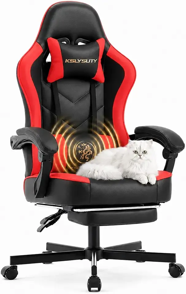 Desk Computer Gaming Chair - High Back Ergonomic Office Chair with Footrest and Lumbar Support, Swivel Comfy Home Gamer Video Game Chairs with Pocket Spring Cushion for Adults (Red Leather)