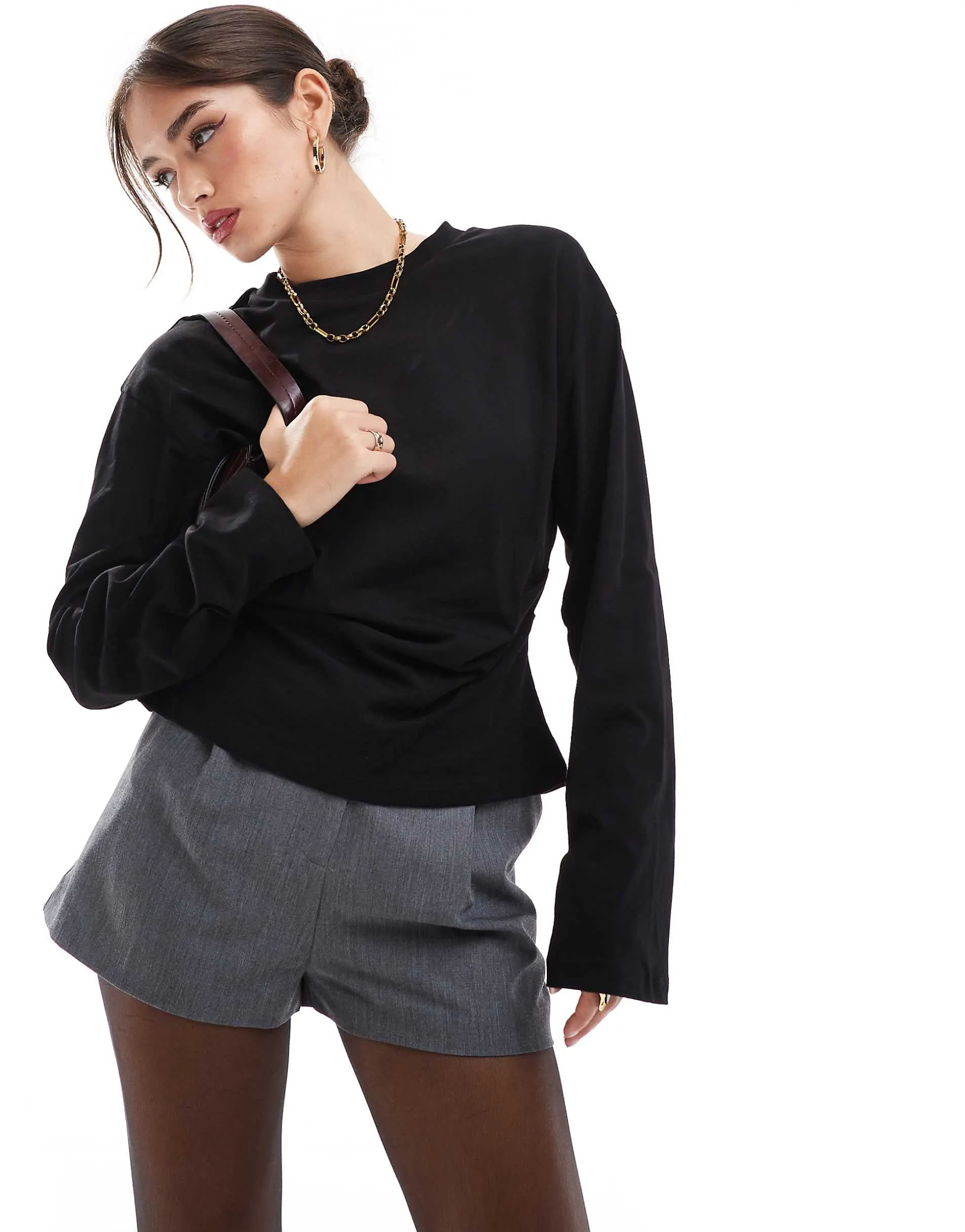 ASOS DESIGN long sleeve corset waist tee in black