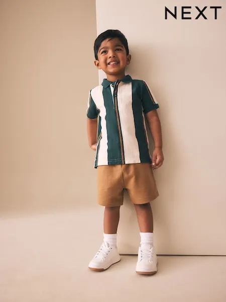 Green/Ecru Stripe Short Sleeve Polo Shirt and Shorts Set (3mths-7yrs)