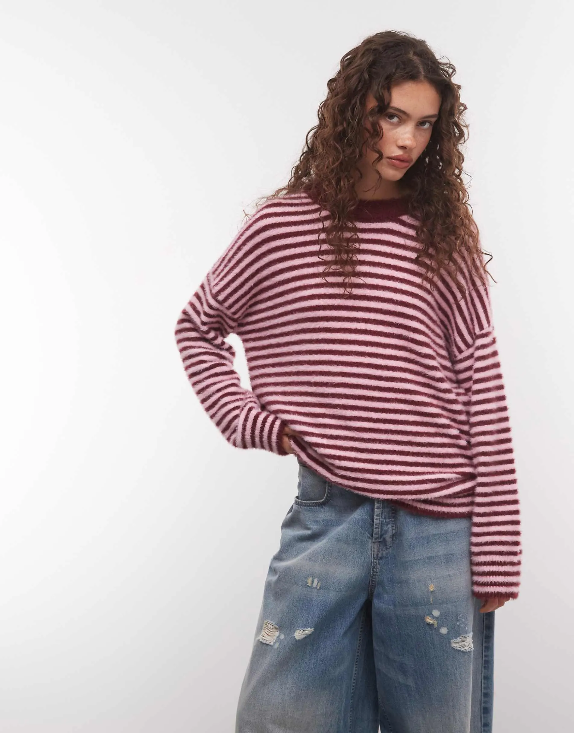 COLLUSION fluffy oversized stripe jumper in pink & burgundy