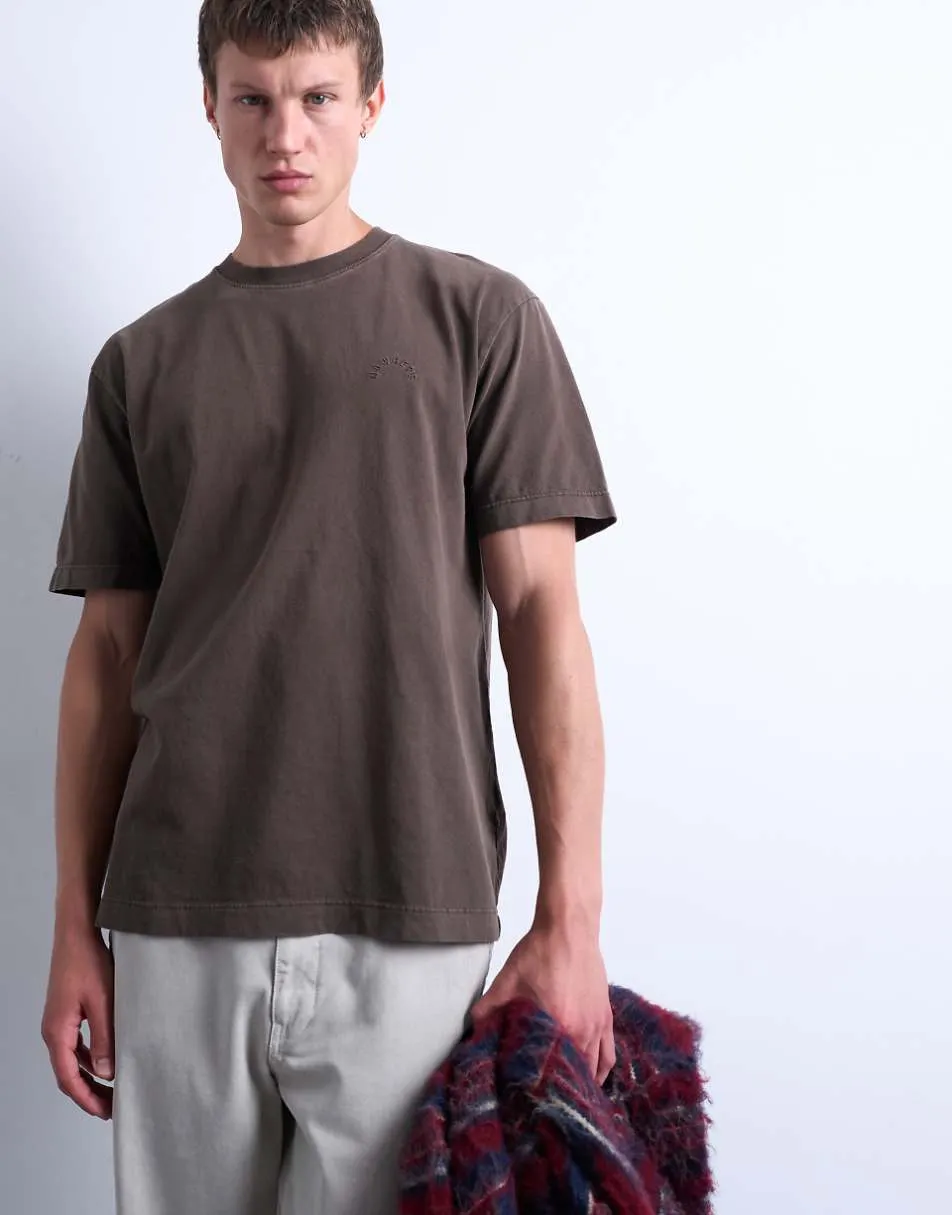 Topman premium relaxed fit t-shirt with Nowhere embroidery in washed brown