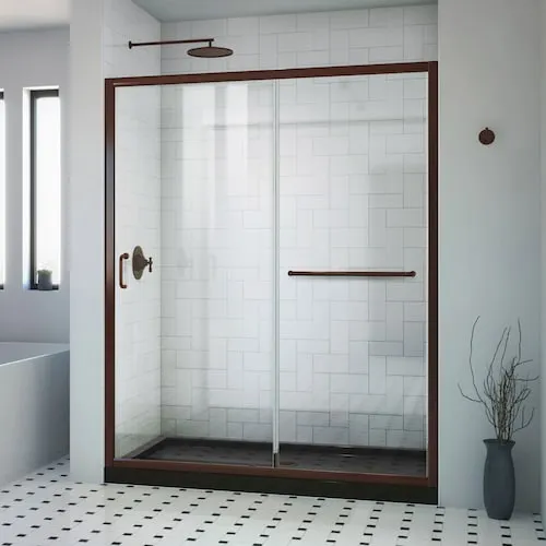 Infinity-Z 36 in. D x 48 in. W x 74.75 in. H Alcove Shower Kit with Black Acrylic Base, Centre Drain & Clear Glass Sliding Door in Bronze (No Shower Wall)