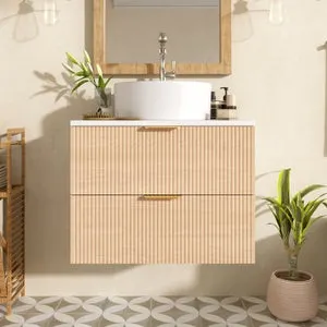 Mueble de baño mural con encimera y lavabo de cerámica, acabado efecto madera, armario de almacenamiento en MDF, dimensiones 60x45x60 cm