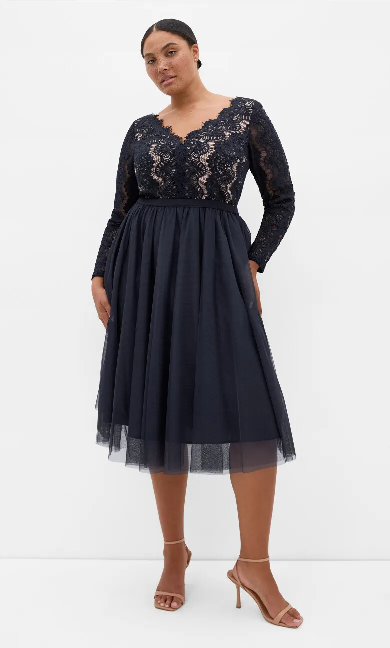 Rare Beauty Lace Midi Dress - navy