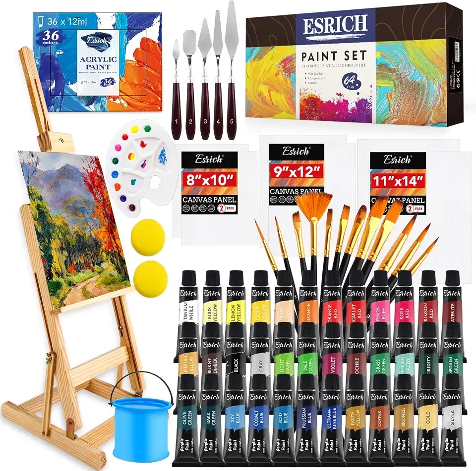 ESRICH Acrylic Paint Set, 64PCS Painting Supplies with Wooden Easel, Brushes, 36 Colors Acrylic Paint, Canvases, Palette, Paints Knives Etc, Painting Kit for Adults, Students, Hobbyists, Beginners