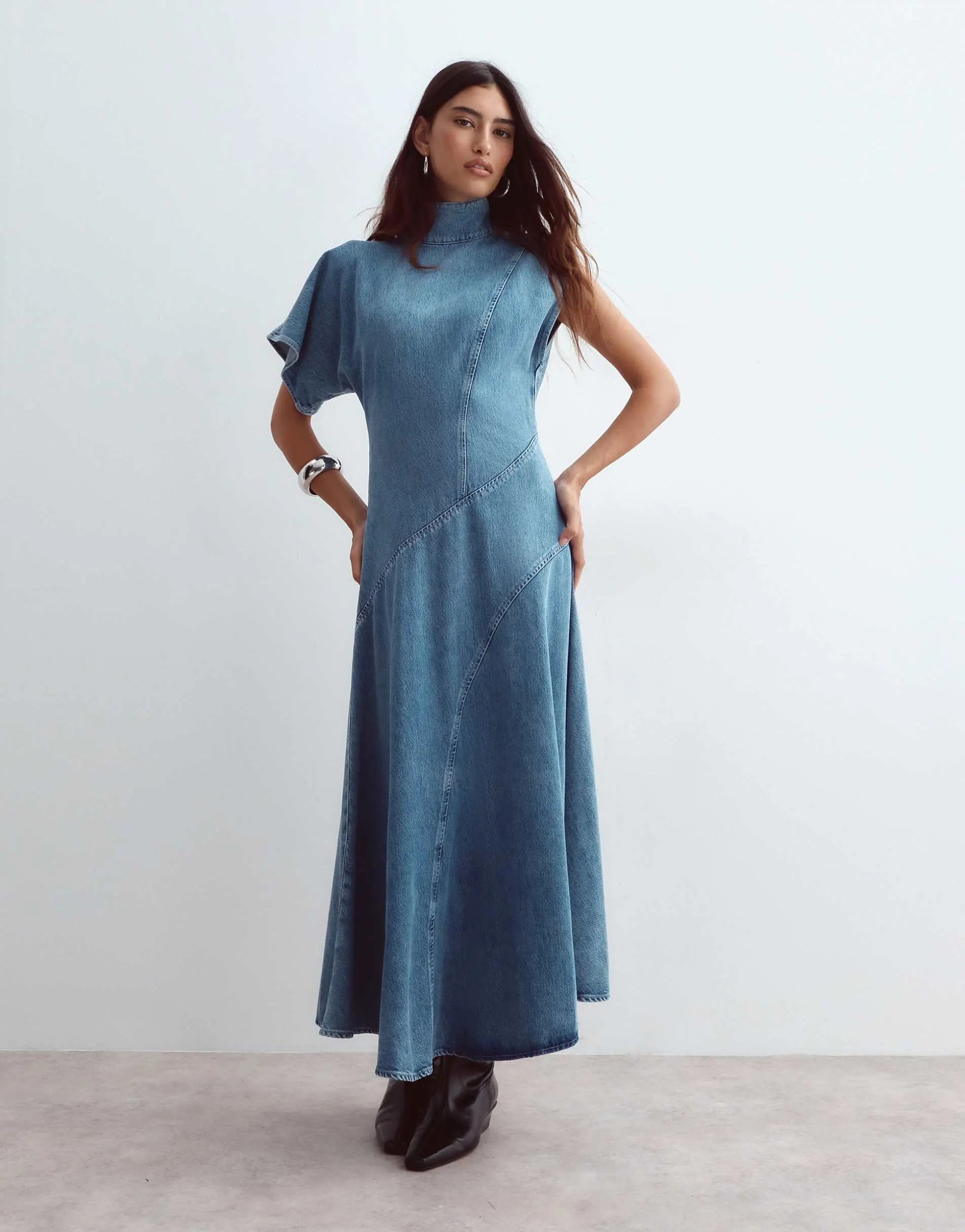 ARRANGE seam detail denim maxi dress in mid wash blue