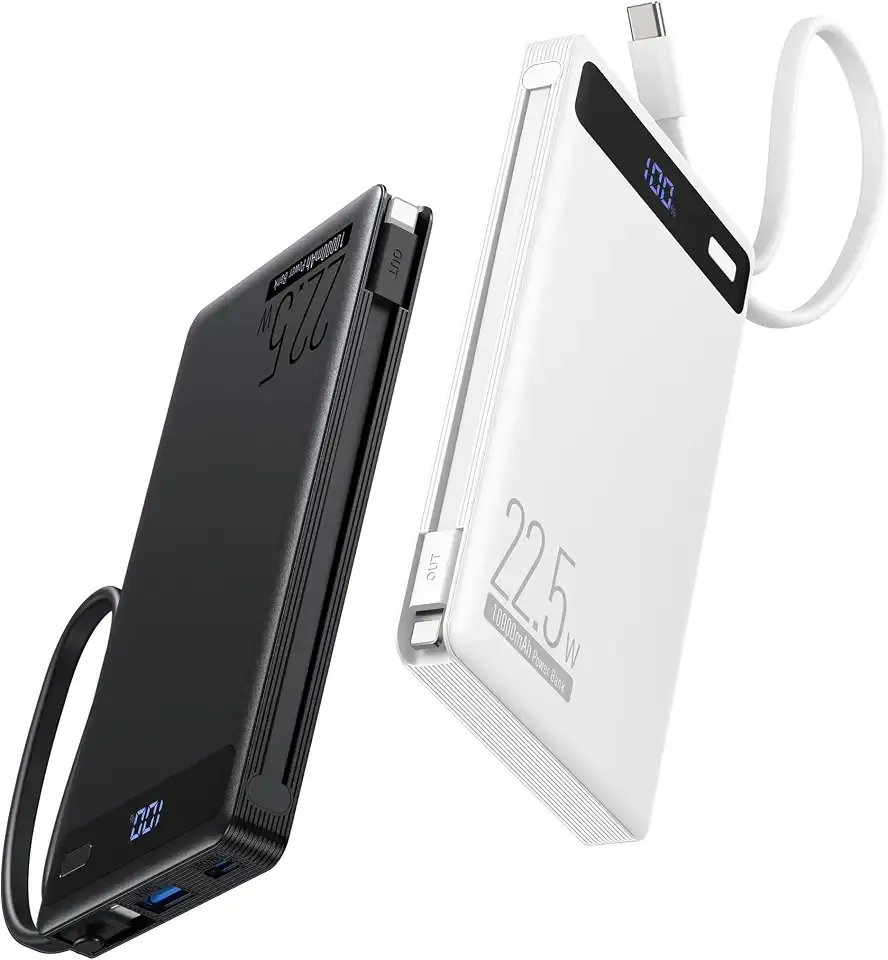 2Pack-10000mAh 22.5W Portable Charger Power Bank,Built-in Cables,WH‌&BLK‌