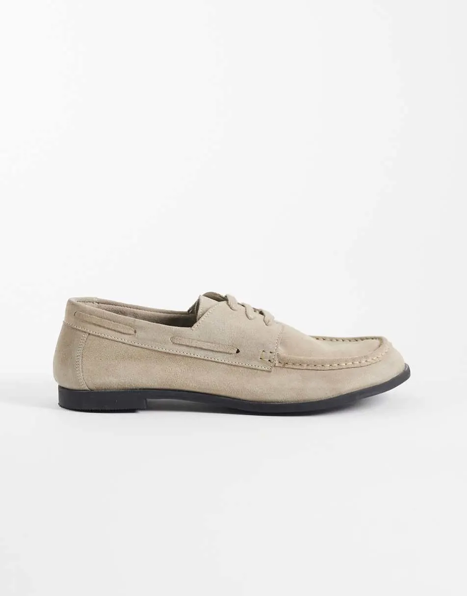 Walk London Roma boat shoe in stone suede