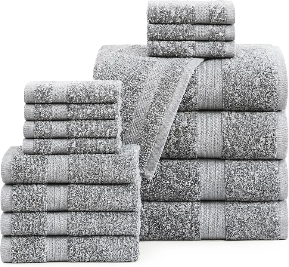 LANE LINEN 100% Cotton Luxury Bathroom Towel Set - 16 Pcs - Ring Spun, Quick Dry, Super Soft & Highly Absorbent - 4 Bath, 8 Washcloths, 4 Hand Towels - Pre Shrunk, Can be Used in Salon - Space Grey