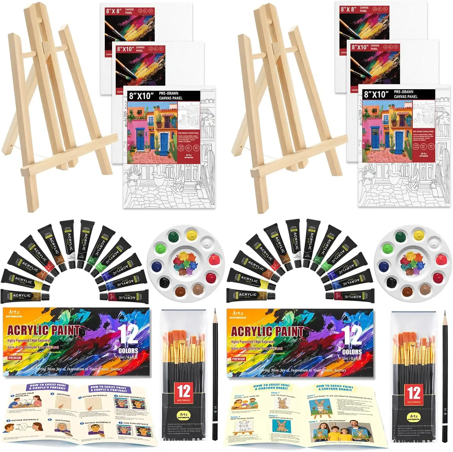 2 Pack Painting Set for Adults or Family Groups, 62 PCS Paint Sets with 2 Table Easels,24 Acrylic Paints,6 Pre-Drawn & Blank Canvases for Painting,24 Brushes,2 Pencils,2 Palettes and Painting Guides