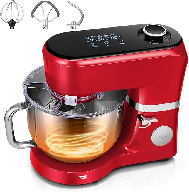 VIVOHOME Stand Mixer with Fermentation, One-Touch Presets Electric Dough Mixer with 6 Qt Bowl, Kitchen Standing Mixer for Baking, Cake with Flex Edge Beater, Bread Hook, Whisk, Red