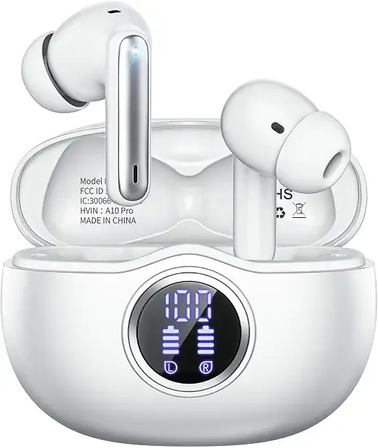 Wireless Earbuds, Bluetooth 5.3 Headphones HiFi Stereo 50H Playback LED Digital Display Ear Buds with ENC Noise Canceling Headset, IPX7 Waterproof Earphones for Gym/Running/Work (White)
